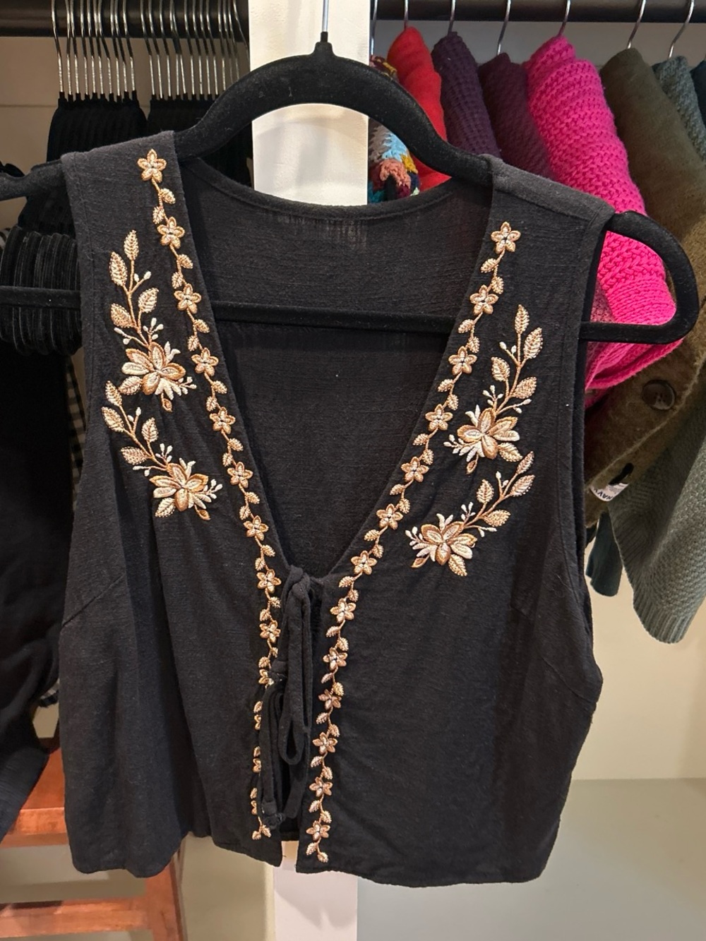 SHEIN Black Sleeveless Tie-Front Camisole with Gold Floral Embroidery